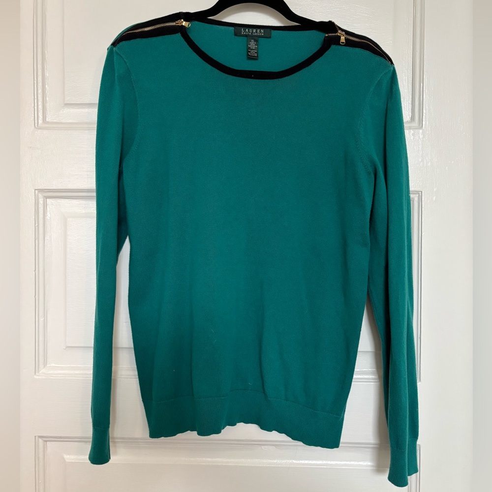 Teal Ralph Lauren crewneck sweater with zipper details